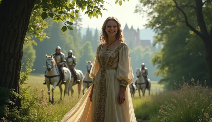 A woman sonriendo in the Middle Ages,  in the woods, hay castillos al fondo, She is wearing a dress, In the background, just 2 meters away, there are several white knights on horseback