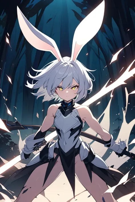 An anime-style teenage girl with unique rabbit-like ears, embodying strength and independence. She has a striking and determined look, with short, spiky hair for a more dynamic and edgy style. Her outfit blends futuristic armor with natural elements, like ...