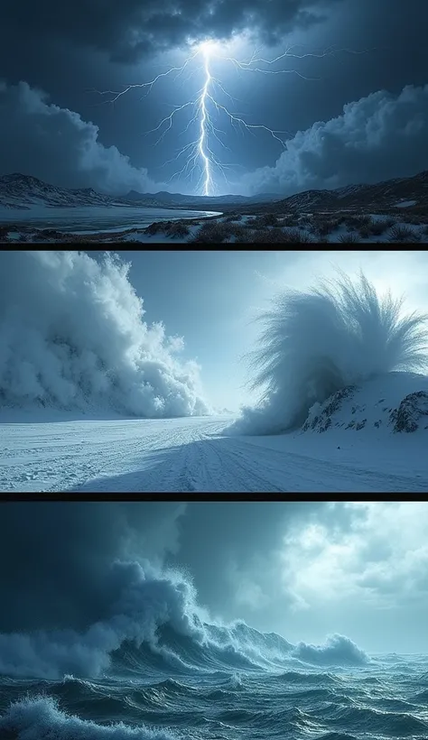 Suggested images: Three separate images placed side by side:

A thunderstorm with thunder and lightning.
A snowstorm with heavy snow and strong winds.
A huge storm with swirling clouds over the ocean.
