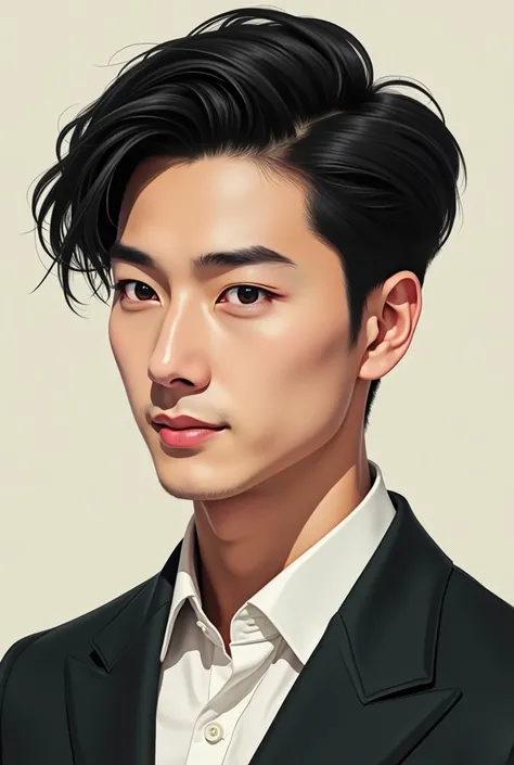 
He is Asian, with a good-looking face and black hair styled in a side part