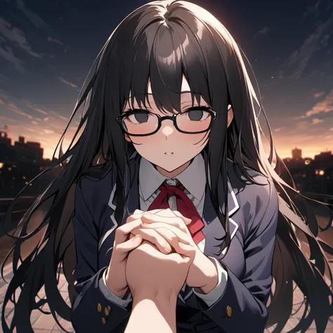 （masterpiece,  best quality:1.2)、((( female college student、 black hair、very long hair、black eyes、empty eyes、 slender、(((glasses...