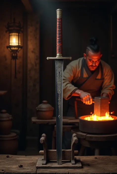 An intricately designed katana resting on a ceremonial stand in a dimly lit workshop. The blade has detailed engravings, and a master swordsmith is seen in the background, hammering molten metal near a glowing forge.