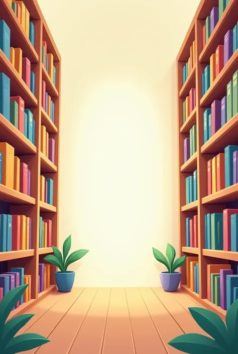 Cartoon ish library bg with space in the middle for poster titles, box book shelf only, dont add plants or decorations

