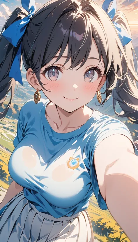 (masterpiece, highest_quality), very be familiar with cg unity 8k wallpaper, wonderful_Are you okay_figure, BREAK 1girl, (((grey eyes))), ((twintails, blue hair ribbon)), ((medium breasts)), long hair, wide hips, (((black hair))), (shy smile), anime style ...