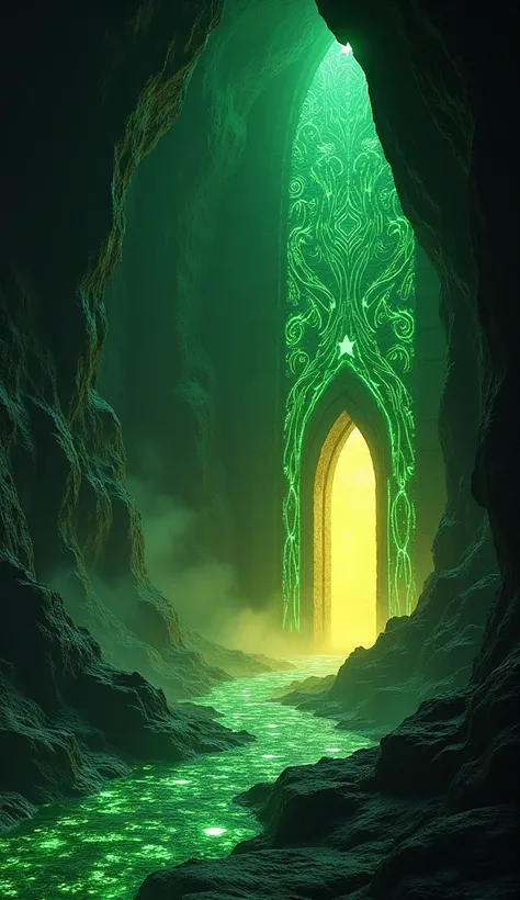 A dark, mysterious cave entrance leading to Naga Loka, with glowing green serpentine patterns etched on the walls. A faint golden glow emanates from within, hinting at treasures and secrets. Shadows of Nagas can be seen in the distance.