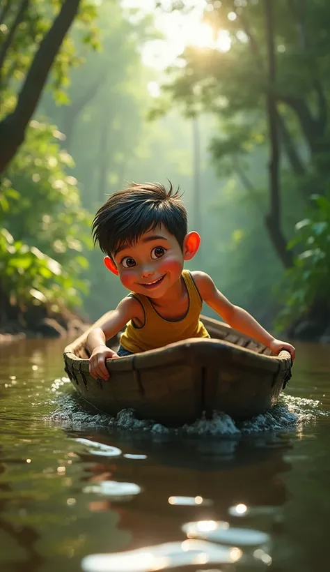 4K HD QUALITY "A playful scene with a boy leaning out of a boat to touch the water in a jungle river."
