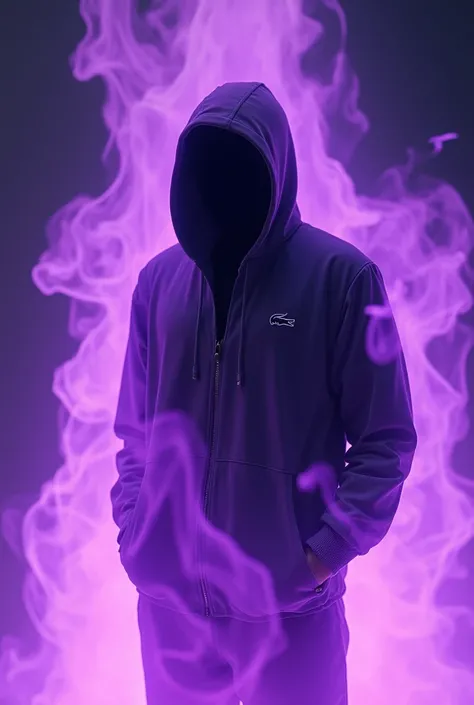 Homme en jogging Lacoste  avec une capuche, on ne voit pas son visage avec des flammes, violettes autour de lui