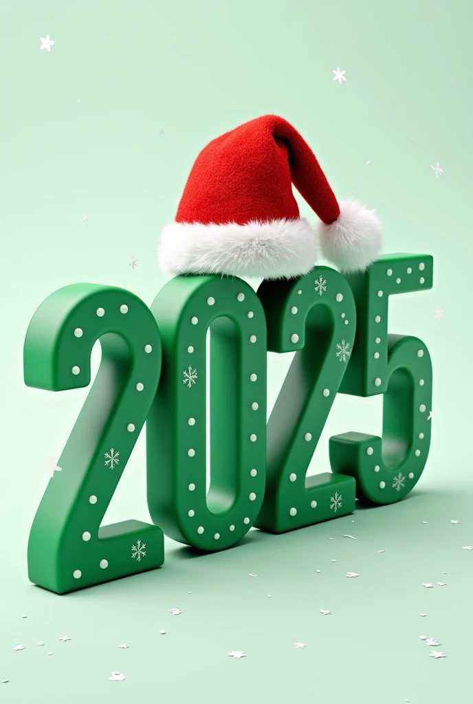  The image shows big green numbers  "2025",  decorated with white dots , resembling snowflakes .  The numbers show a red Santa Claus hat with a white fur cuff and a pompom.  The image background is light .