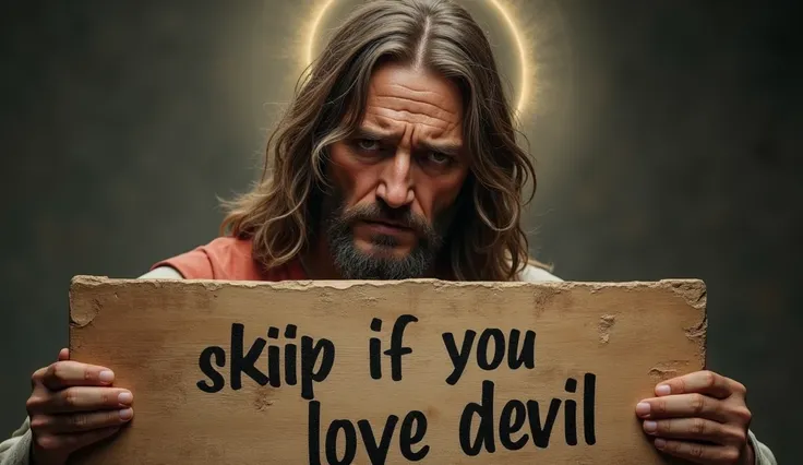 Jesus holding a large wooden board with the english words SKIP IF YOU LOVE DEVIL in bold black letters, his eyes filled with tears of deep sorrow, gazing directly at the viewer with a heartbroken expression, his long hair slightly disheveled, and a soft, g...