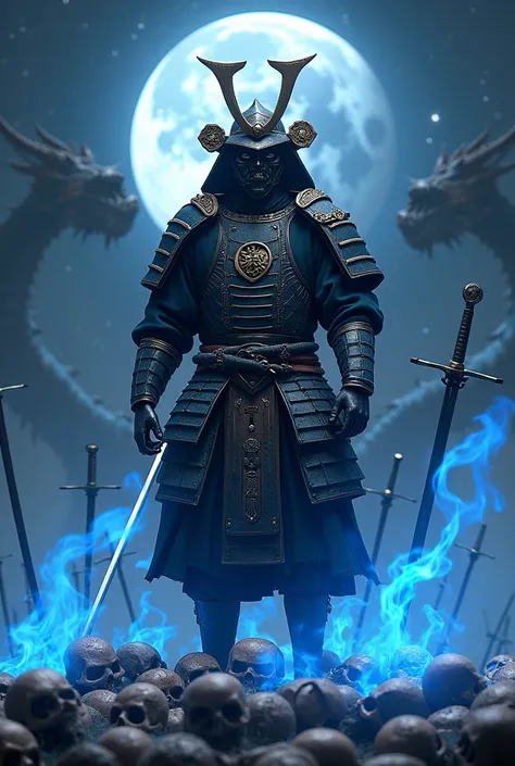 It creates the image of a samurai with swords stuck to the floor and a black aura that surrounds him on a starry night with moonlight and surrounded by blue flames, the samurai walking on skulls and behind him a dragon 