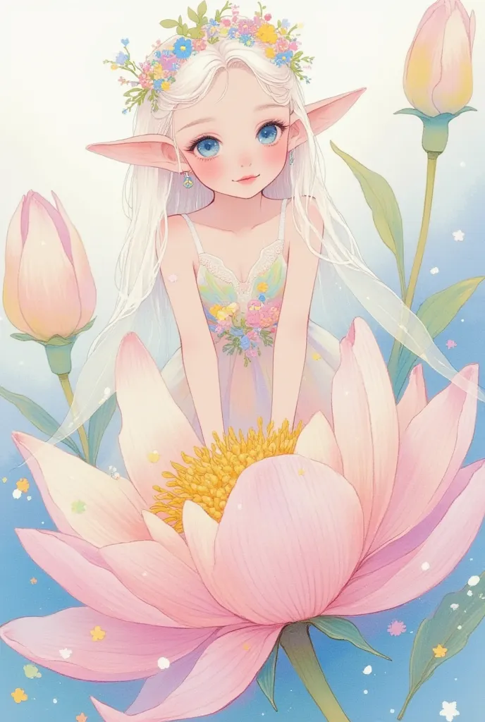 color sketch，close-up of a beautiful butterfly elf on a peony flower，crown