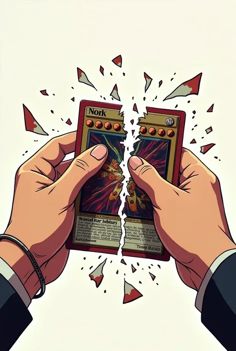 Hands breaking an anime card