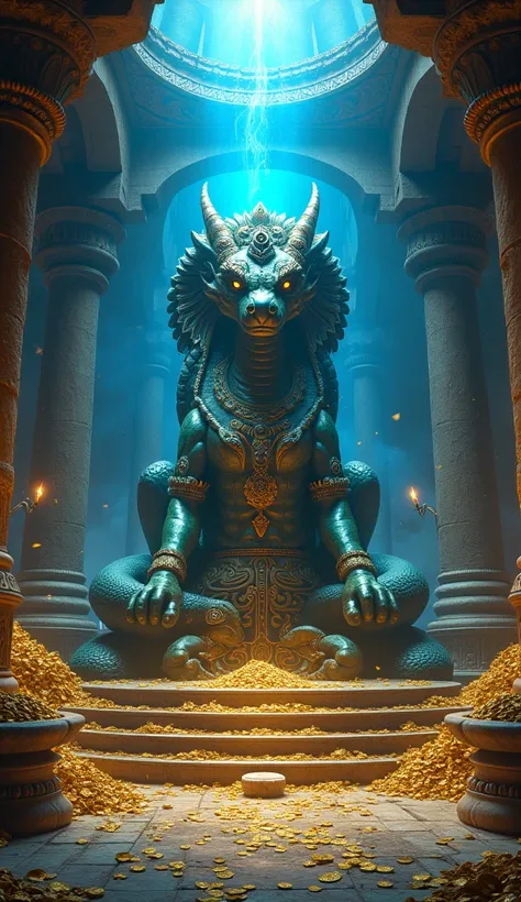 A treasure-filled chamber inside Naga Loka, with golden coins, jeweled crowns, and ancient scrolls glowing under a mystical blue light. A large serpent deity idol sits at the center, exuding power and mystery.