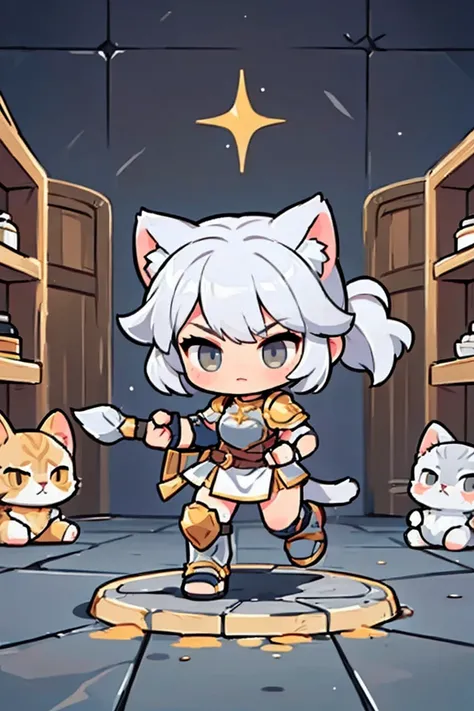  Cute Female Warrior Style  ,  European RPG Warriors  , Golden Iron Armor , Natural background.  white hair,  tied hair , cat ears, grey iron armor costume, Full Body Protection  , black eyes ,  Stylish Poses  ,  half side ,  dynamic battle pose, Im carryi...