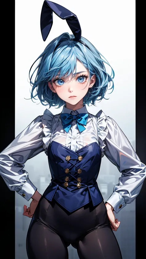 8k、top-quality、  super high definition  、 ultra-detailed、 anime-like 、  super high definition  、Blue Hair、Blue Bunny Girl、Bow tie、tights、get angry、Hands on hips、