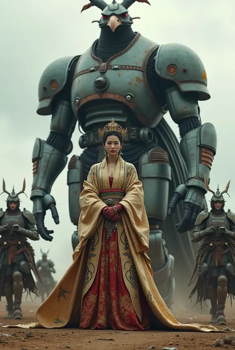 Battlefield World 。The Queen of Japan is wearing super luxurious clothes typical of Japan, but 、It was dirty and damaged 。 Somewhere in steampunk style clothes and has a large lunchy weapon 。 behind them is a pheasant that looks like a big monster like a m...