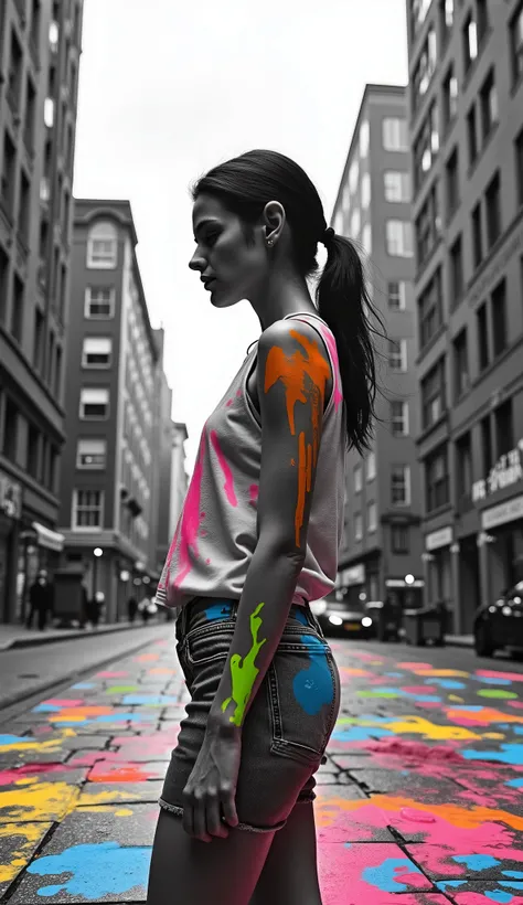 double exposure, black-white photograph of a black-white city, a young woman in clothes stained with neon paints, background of a black-white city, colorful city bursts out with paints on the paving stones, fantasy art, hyper-realistic, hyper-detailed, pro...