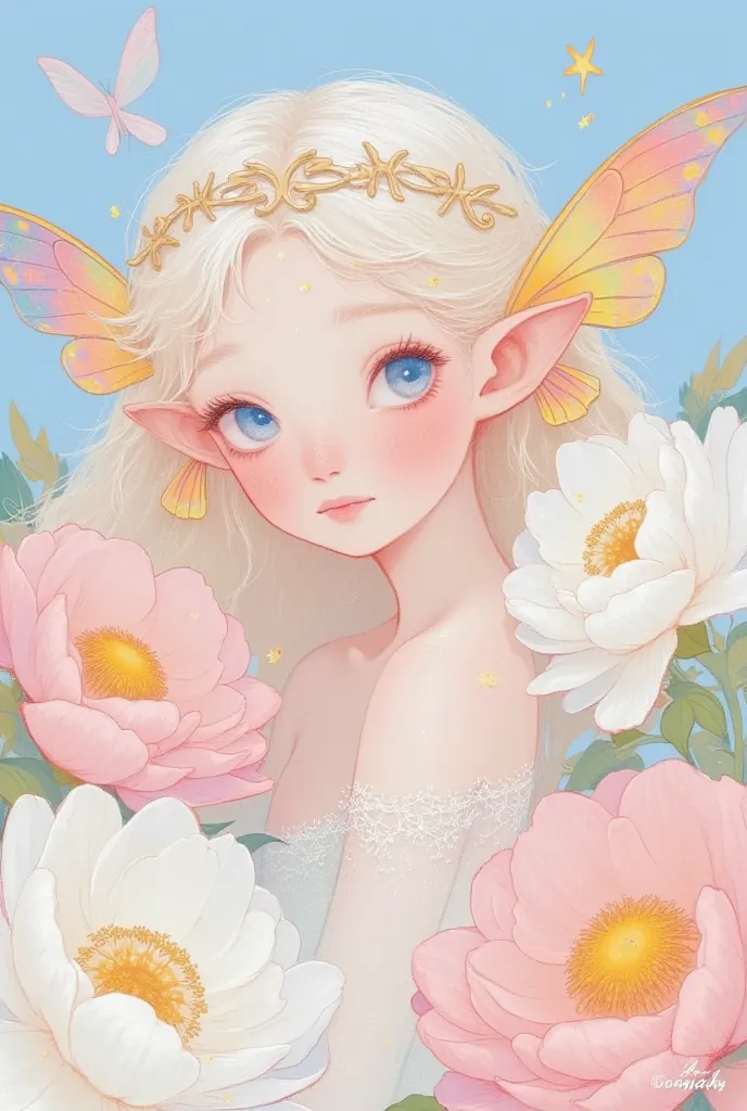 color sketch，close-up of a beautiful butterfly elf living in peonies， big eyes，crown