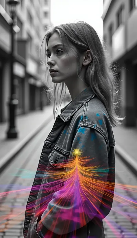 double exposure, black-white photograph of a black-white city, a young woman in clothes stained with neon paints, background of a black-white city, colorful city bursts out with paints on the paving stones, fantasy art, hyper-realistic, hyper-detailed, pro...