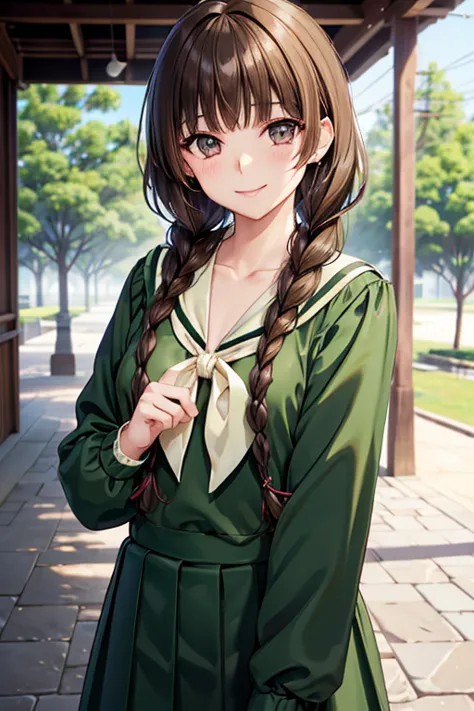 shimazu yuno、 shiny brown hair ,long hair,  、((two braids:1.5、 hair hanging over shoulders )),beautiful茶色の目、sparkling eyes, fine...