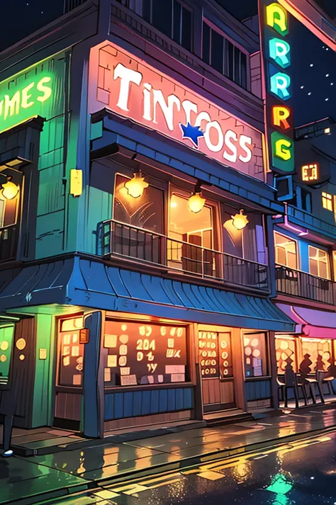 night view of funny times storefront in the most remote corner of town.  the store is made of wood and decorated with bright col...