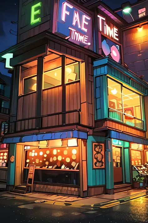 night view of funny times storefront in the most remote corner of town.  the store is made of wood and decorated with bright col...