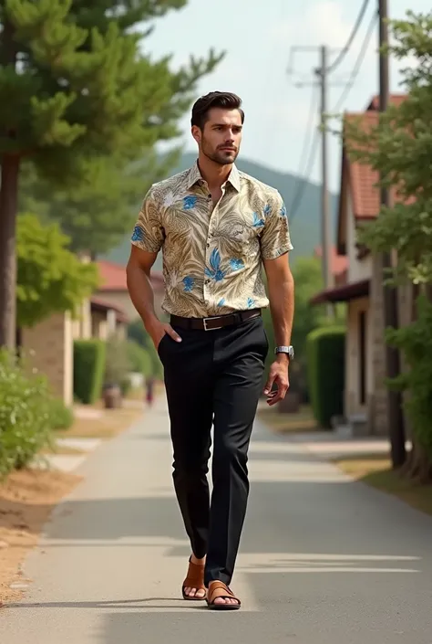  a handsome man with neat hair wearing a coco shirt,  black trousers , and carvil sandals ,  walking the streets of the countryside 