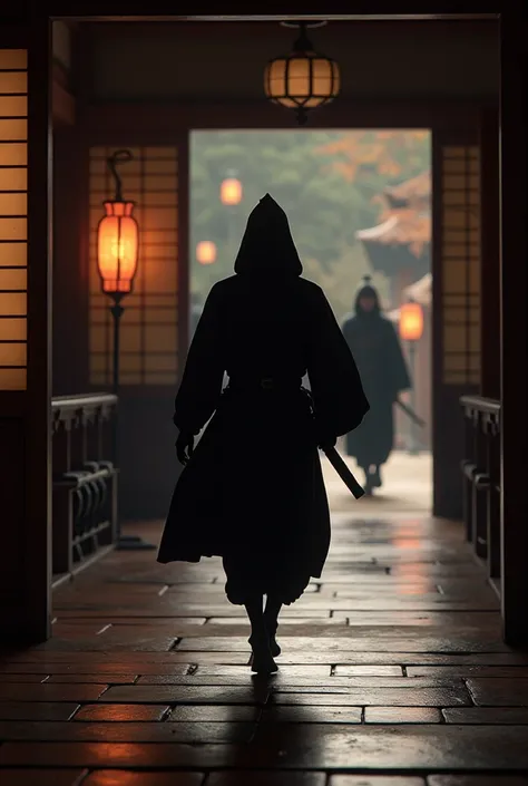 
A dimly lit corridor inside a Japanese feudal lord’s mansion, with polished wooden floors and paper sliding doors. A ninja dressed in black is stealthily creeping across the floor, causing faint bird-like squeaks with every step. In the background, armed ...