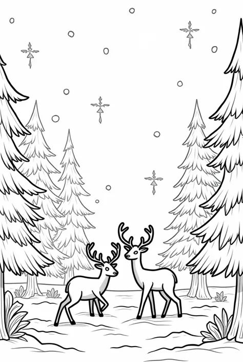 Coloring book page for s, style cartoon, A snowy forest scene with deer, pine trees, and falling snowflakes, thick lines, no shadow,
