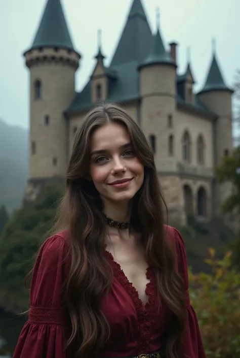 Beautiful mysterious girl smiling while standing against the backdrop of an old European castle in the Lembron style made in rich colors