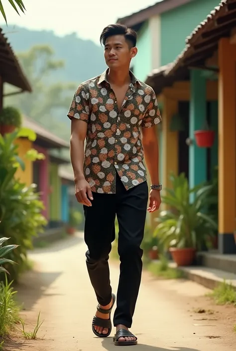  a handsome man indonesian with neat hair wearing a coco shirt,  black trousers , and carvil sandals ,  walking the streets of the countryside 