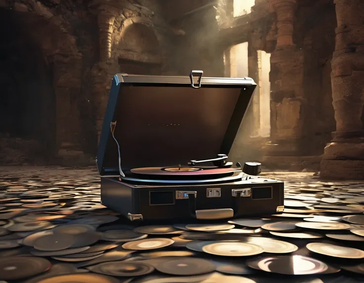  Vintage ,  record player , Twisted reality,  Records Floating in the Air , Broken Discs ,  Liquid Like Ink Flows Out,  Mysterious Light Inside the Ruins , uninhabited space ,  Makes You Feel the Gap in Time , Decadent beauty