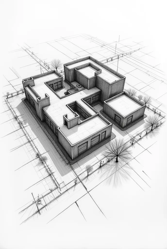 Un dessin en crayon ✏️ d'un hôpital vu en plan  dessiné sur la papier à 3 Avec tous les cotations 