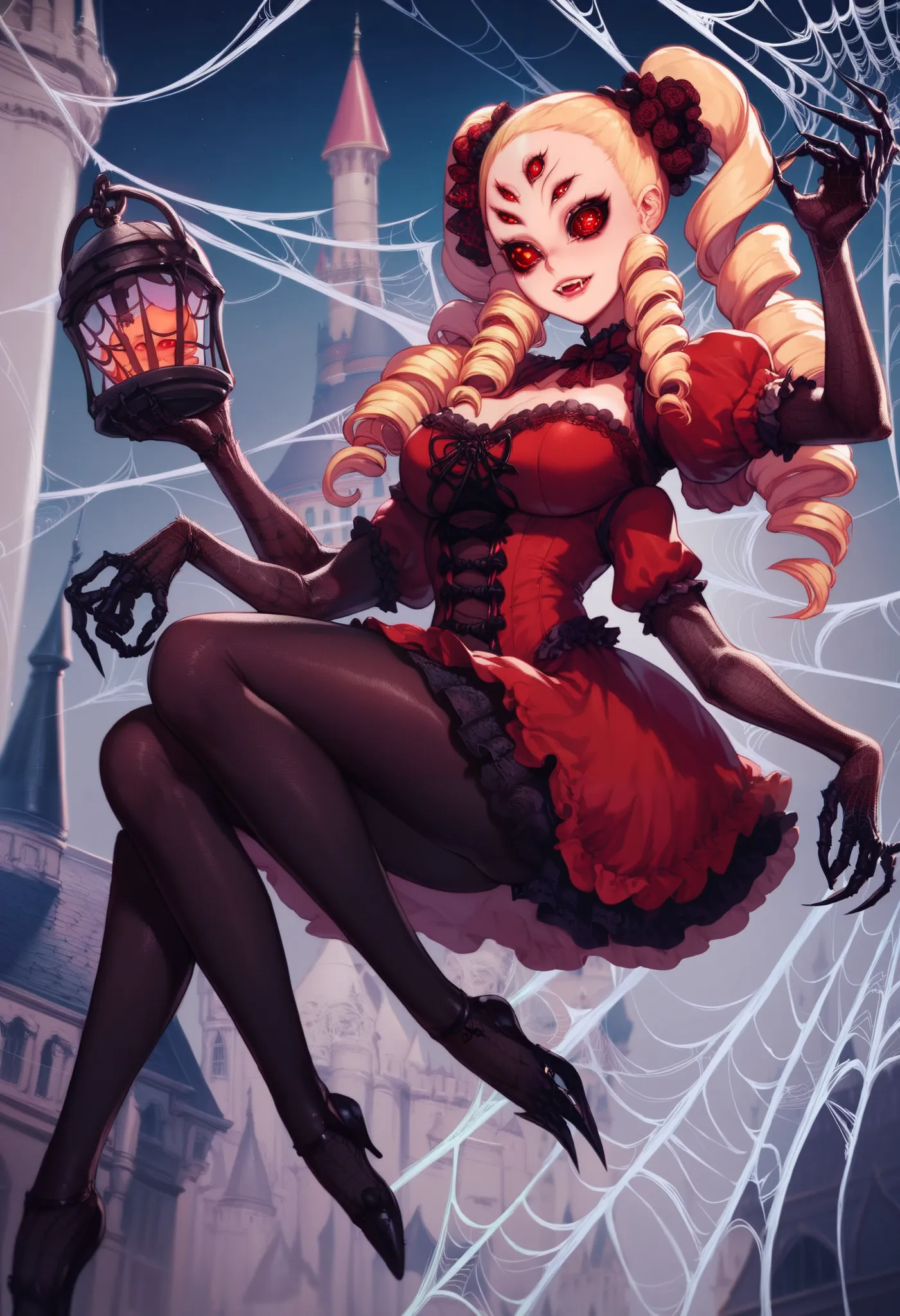 Spider girl. Lady. Twin drill hair. Blonde hair. Red eyes. Horror eyes. Black and red dress. Frills. Dark fantasy. Multiple arms. Sharp claws. Spider web tattoo on face. Rib-style armor. Carries a lantern in hand. Spider web dress. Insect legs. Spider-them...