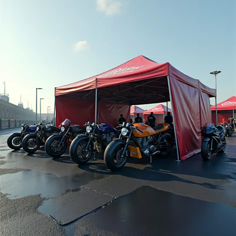 Drag bike pit stop tent with bikes, asphalt ground, (people:-1.0)