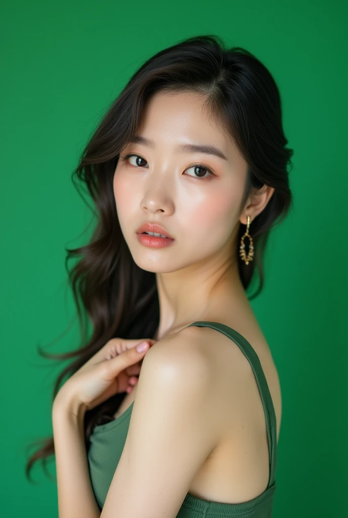 Against a green screen background, a real beautiful woman faces the camera.Korean accented face Half body in camera frame.