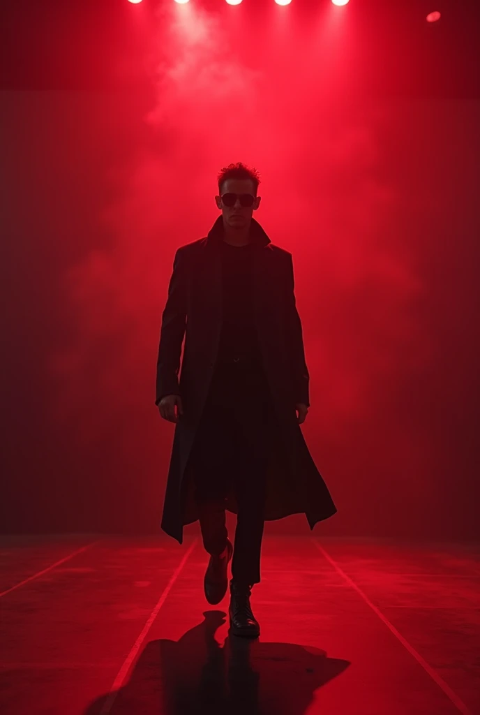 image: A man dressed in black, with leather boots and dark glasses ,  alone on an empty dance floor ,  with red lights and smoke in the background .

text:
" Who needs a relationship when BPM never leaves you?"