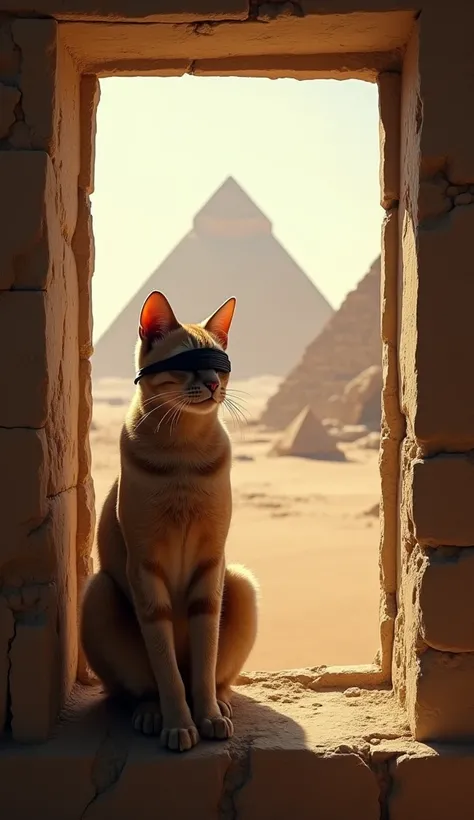 Spinx cat sits relaxed ,  blindfolded ,  perched in the window of view outside the pyramids of egypt