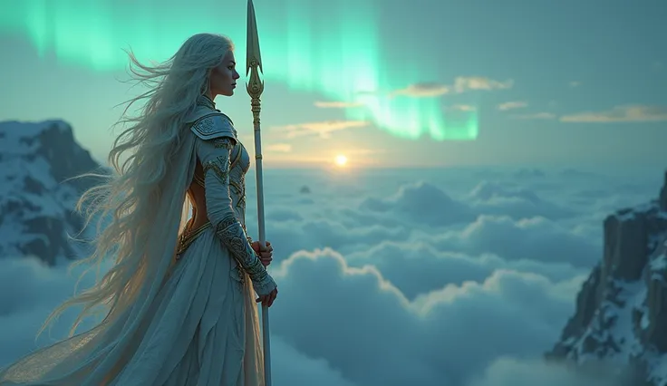 A breathtaking fantasy scene featuring a majestic Valkyrie standing alone on a high cliff, overlooking a vast, magical landscape. She is a stunningly beautiful woman with flowing platinum blonde hair and piercing, serene eyes. Her attire is a delicate bala...