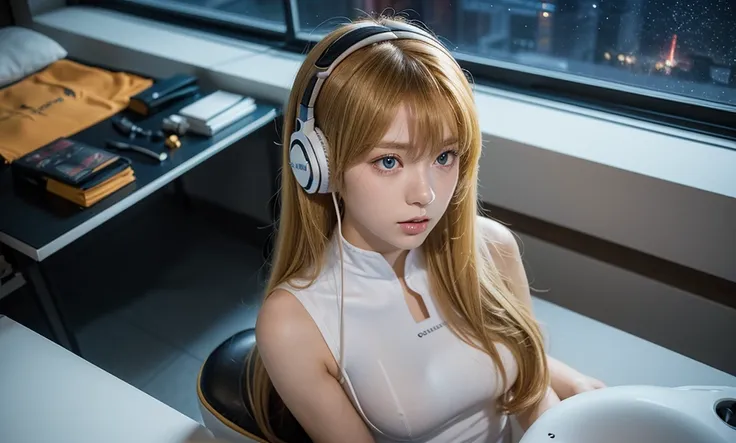 ( Top View ), dynamic view , very high detail , illustration, Clas Up, straight on, 1 girl, 
 ((souryuu asuka langley, Headphone interface , RED BODYSUIT:1.4, Blonde girl)),Her eyes shone like sweet dreams stars,( Glowing Eyes:1.233),( beautiful and delica...