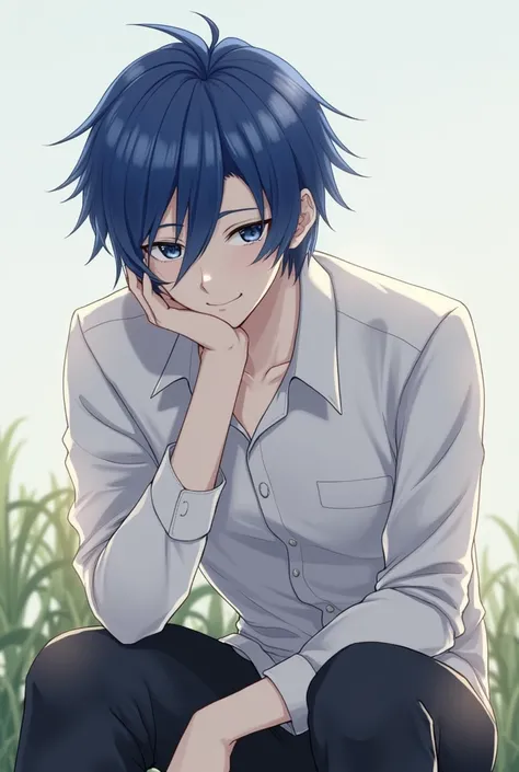 a guy with short blue hair, the front bangs are slicked back, he is smiling gently, blue hair and long narrow phoenix eyes is sitting and looking up at you