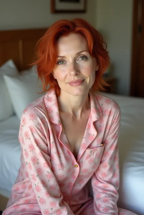 There is a older 50 yr old woman sitting on a bed wearing a pink floral pajamas, red-haired girl, beautiful red-haired woman, red-haired woman, young red-haired girl, short bright red hair, red hair and attractive features, Anna Nikonova aka Newmilky, red-...