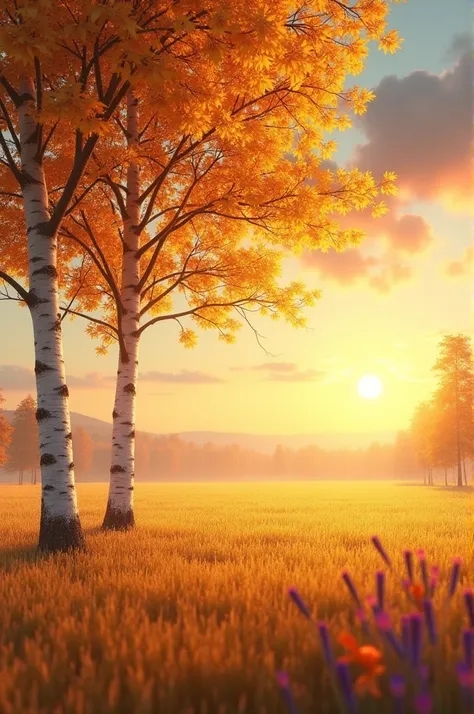 Autumn birch tree on the background of a field with wheat,Sunset