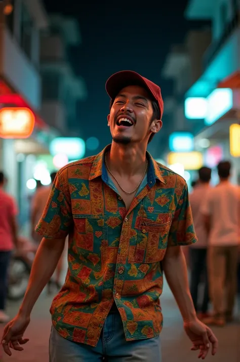 Indonesian male rappers , wears baseball cap  ,colorful shirt , unique,  eager appearance ,  creative behavior ,  imaginative ,  Spontaneous ,  walking while singing in the streets of shops at night,  highest quality ,  leather texture , Intricate Details,...