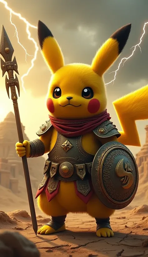 Create a fully realistic and enhanced depiction of Pikachu reimagined as a human-sized, fierce warrior inspired by Yemeni culture and traditions. Pikachu should have a muscular, humanoid build while retaining its signature features, such as golden fur, lar...