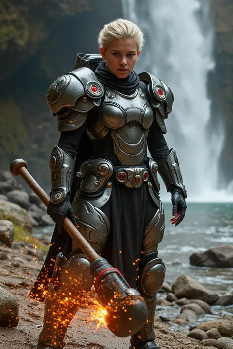 a beautiful, attractive & strong built body dwarven girl, cutie, young looking, having a bulking short hair style, wearing a high technology bulky haevy armor with lot of thinkers gadgets, holding a big hammer hitting the ground, causing a sparking lights ...