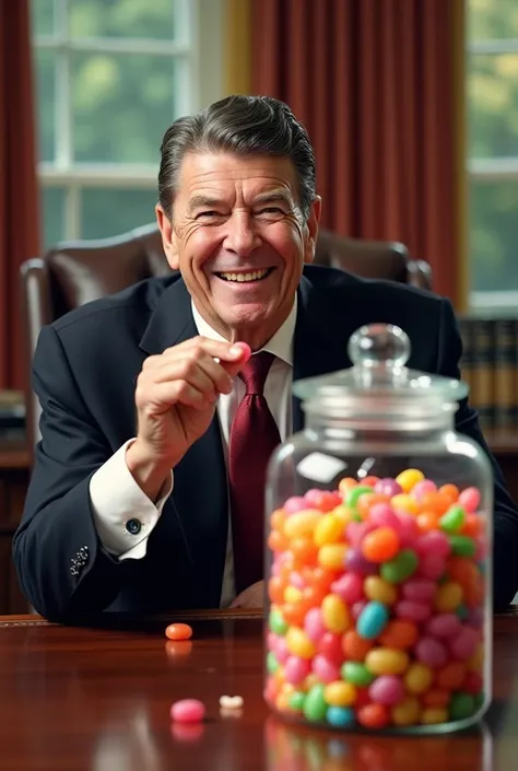 Ronald Reagan seated at the Oval Office desk with a large, colorful jar of jelly beans prominently displayed. He’s smiling, holding a jelly bean between his fingers, with a warm and playful atmosphere.