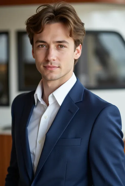 Young white male photo, professional photo, suit, studio shot, bokeh, suit attire, professional attire, upper body composition, close-ups，yacht background，casual wear