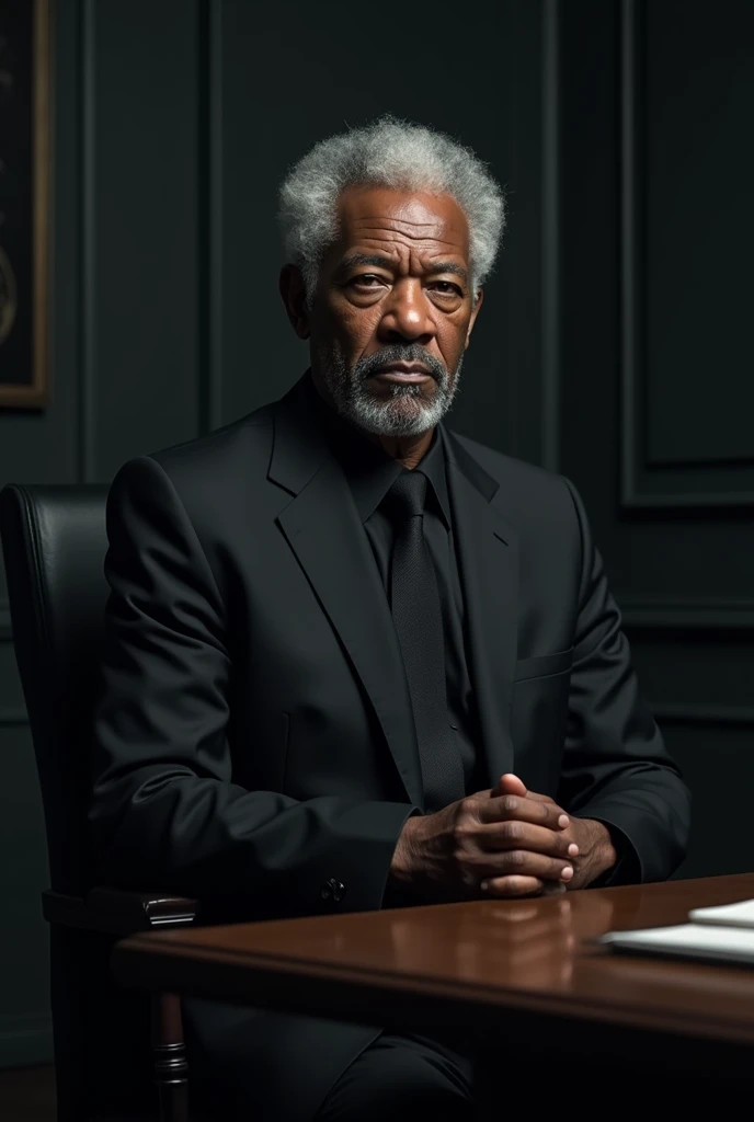 Morgan Freeman avec un costume cravate noir, assis sur un bureau dans une pièce sombre, il est sérieux et septiques, 4K, movie