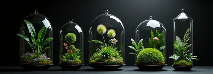  cover image for the VKontakte community, oaz-shaped florariums on a black background , Different heights